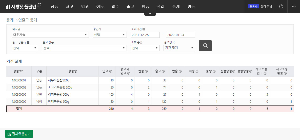 이커머스 특화 클라우드 WMS 사방넷 풀필먼트 :  입출고내역 이미지