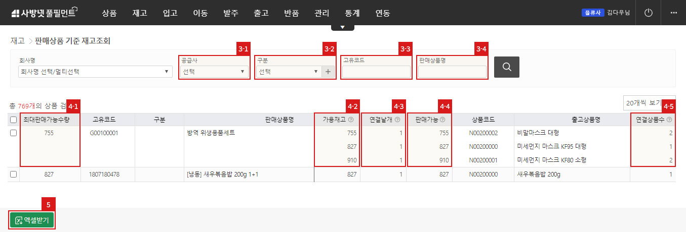 판매상품 기준 재고조회